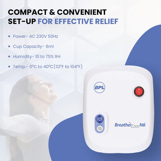 BPL Medical Technologies Breathe Ezee N6 Low Noise Compressor Nebuliser Machine Kit For Child And Adult, Portable Nebulizer - White